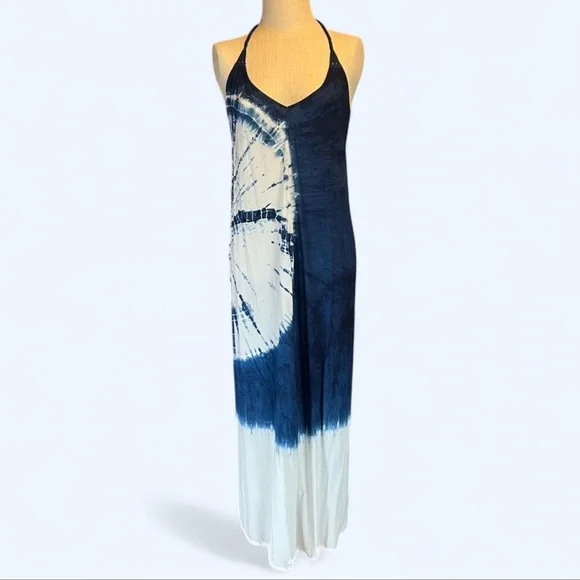 💙Tie-Dye Maxi Dress Blue & White Boho 🤍 By the Sea - Picture 1 of 4